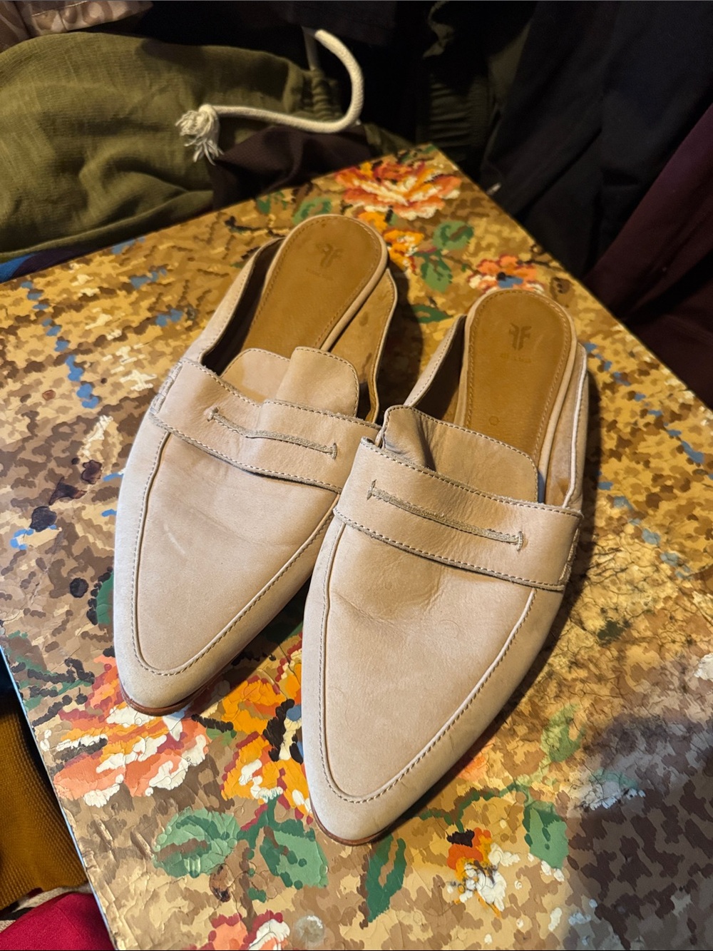 Frye Women’s Slip-On Pointed Loafer Mules in Light Beige